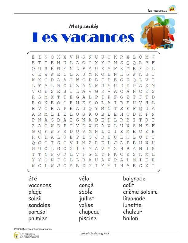 Mots Cachés - Les Vacances - Document Pédagogique à Mots Cachã©S Pour Imprimer Pour Ainees 