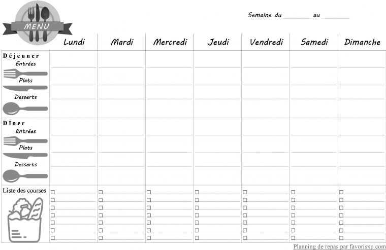 Planning Pour Menus De La Semaine À Imprimer  Planning dedans Matrice De Decoupe Pour Planner A Imprimer Gratuit