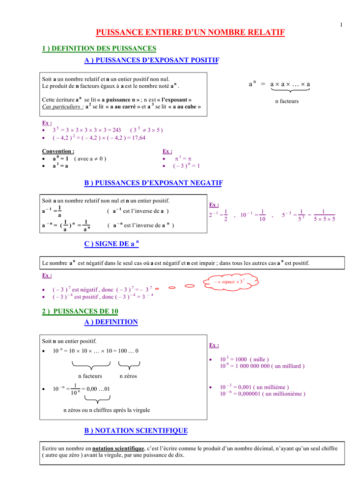 Puissance Entiere D`un Nombre Relatif concernant Facteurs D&amp;#039;Ã©Chelle Maths 