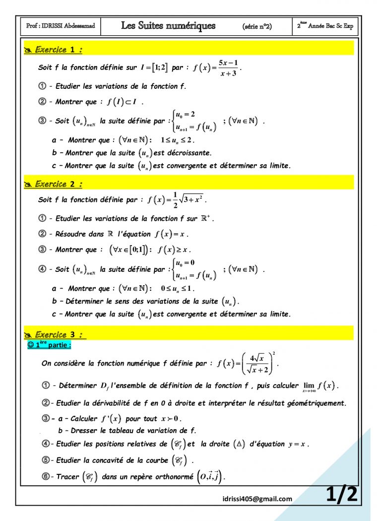 Suites Numériques – Exercices Non Corrigés 2 – Alloschool destiné Aptitude Numerique Exercice Pdf