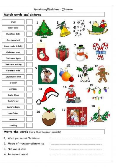 Vocabulary Matching Worksheet - Xmas  Apprendre L'Anglais encequiconcerne Cycle 3 Mots Mãªlã©S Noel