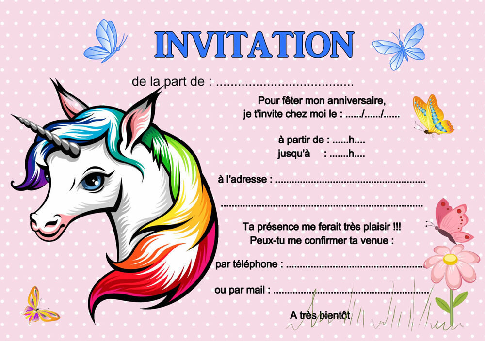 5 - 12 Ou 14 Cartes Invitation Anniversaire Licorne Réf intérieur Carte D Anniversaire Imprimer 