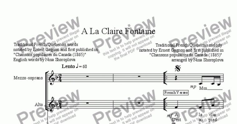 A La Claire Fontaine – For Two Female Voices – Sheet Music dedans Comptine A La Clairefontaine