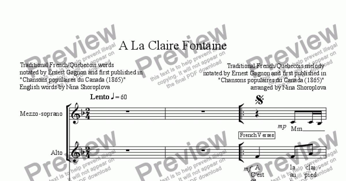 A La Claire Fontaine - For Two Female Voices - Sheet Music dedans Comptine A La Clairefontaine 