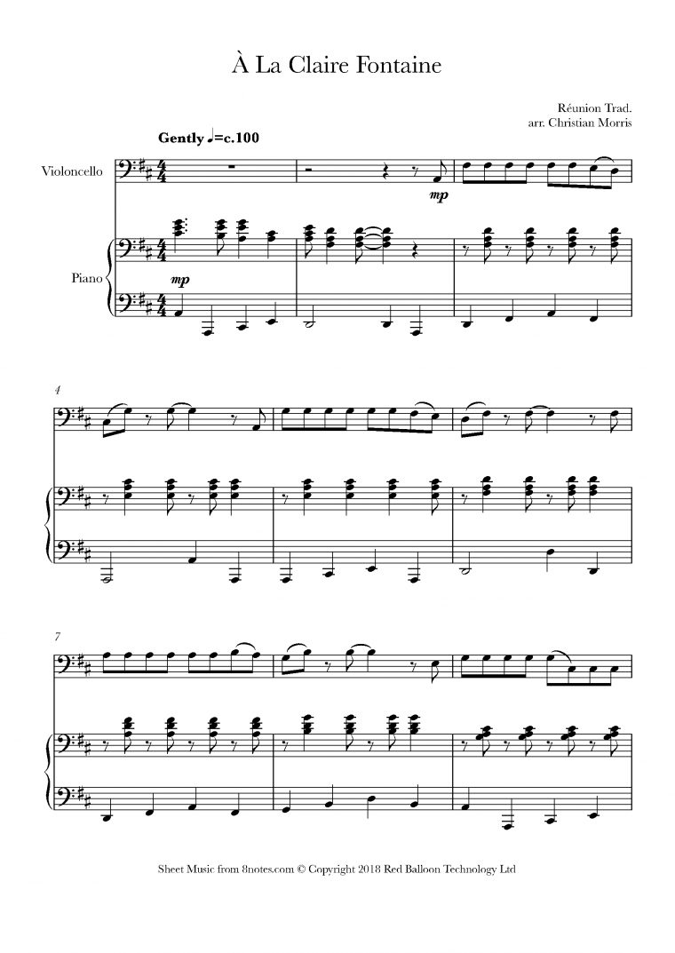 ﻿À La Claire Fontaine Sheet Music For Cello – 8Notes concernant Comptine A La Clairefontaine