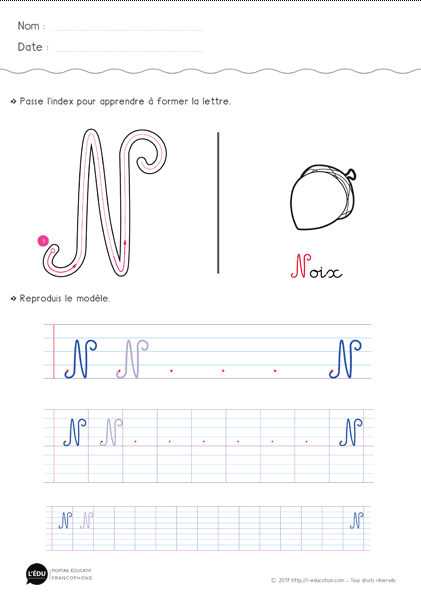 Apprendre À Écrire La Lettre N Majuscule Cursive  Fiche D destiné Alphabet En Cursive Minuscule À Imprimer 