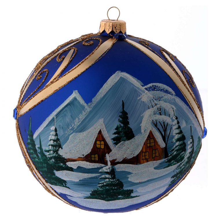 Boule De Noël Verre Bleu Paysage Enneigé Dans Cadre Doré destiné Images Boules De Noel