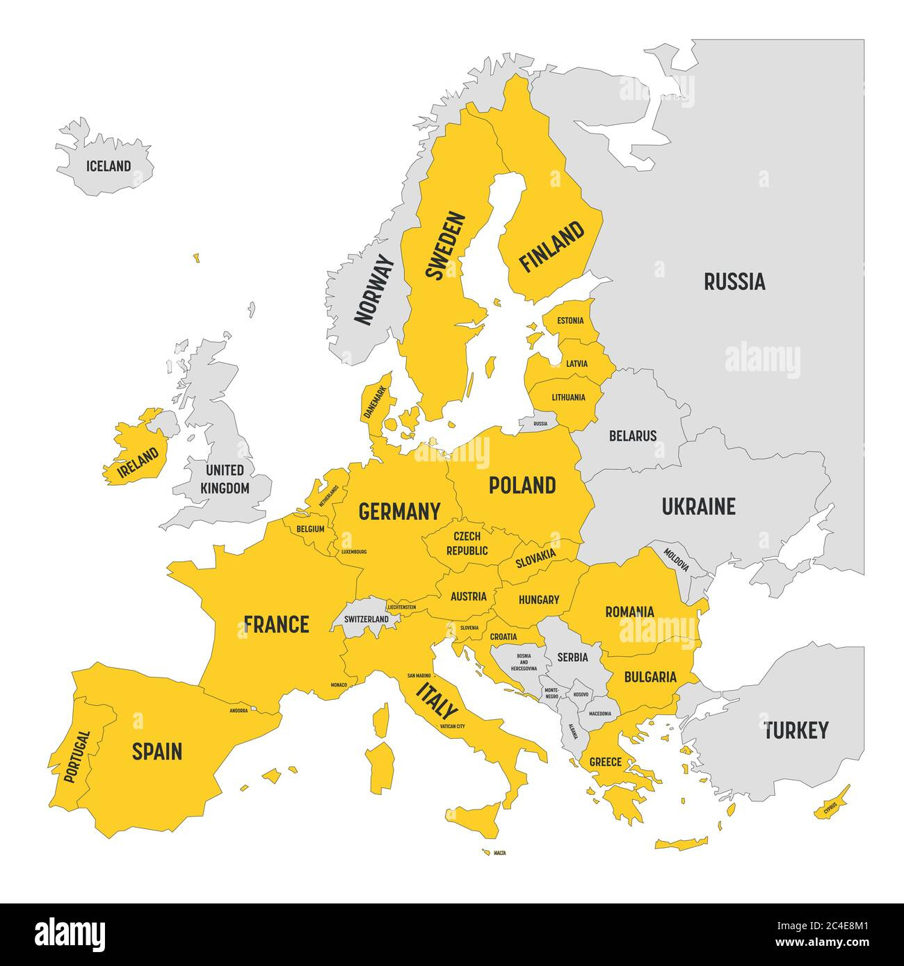 Carte Politique De L&amp;#039;Europe Avec En Jaune 27 États Membres tout Carte Union Europã©Enne 