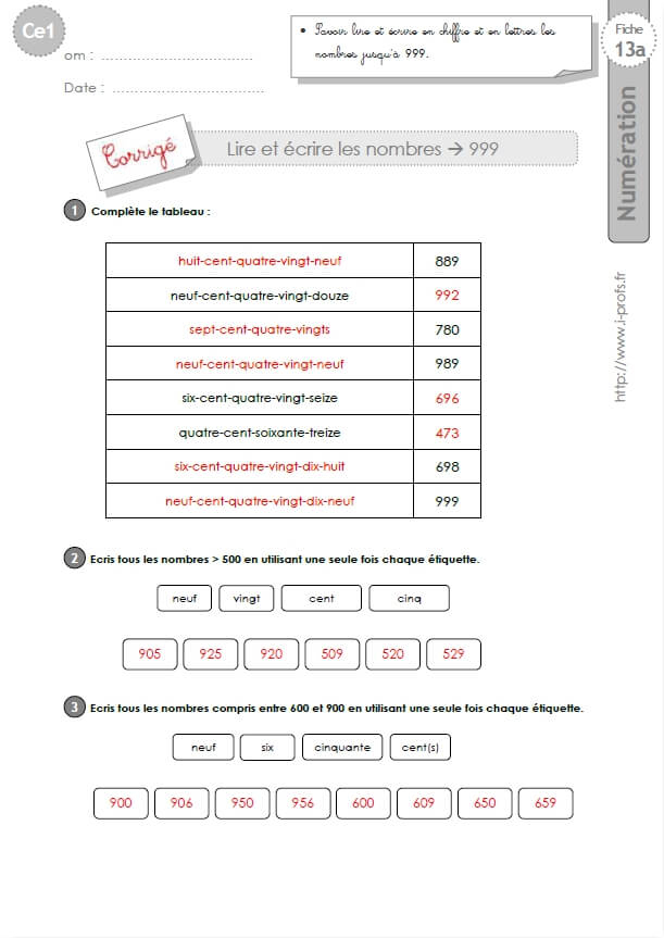 Ce1-Cycle2 Exercices Corriges: Lire Et Écrire Les Nombres à Nombres À Relier Ce1 