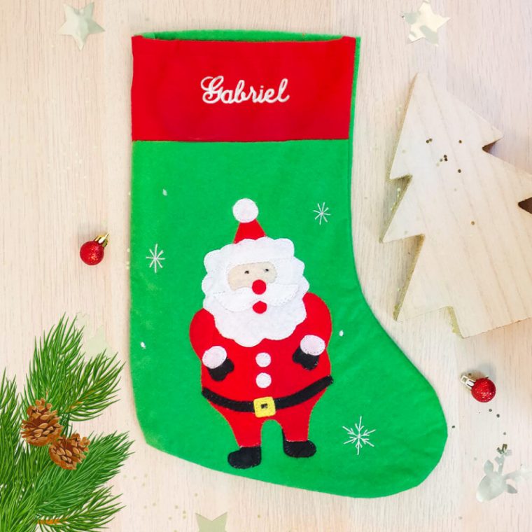 Chaussette De Noël Verte  Père Noël  Ourson Câlin avec Botte Pere Noel