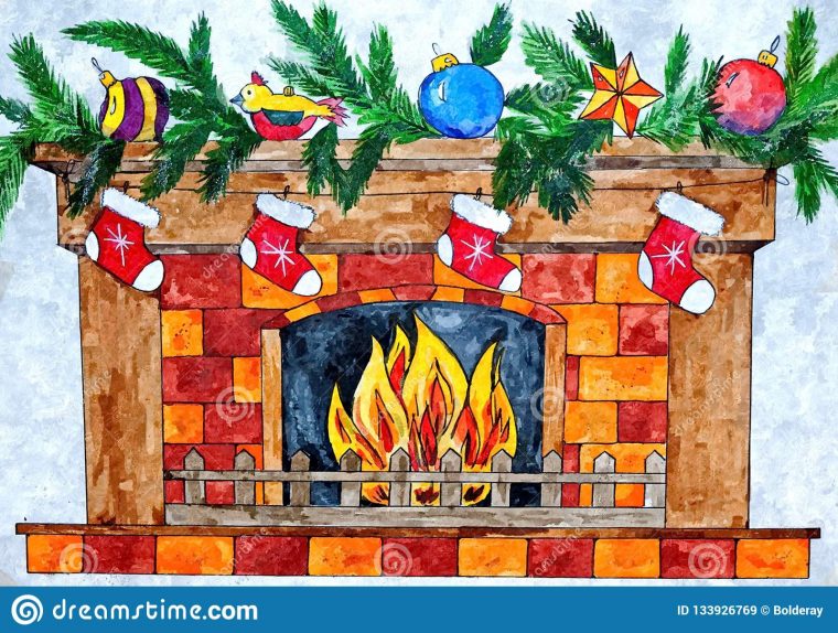 Cheminée Avec Des Chaussettes Pour Des Cadeaux De Santa intérieur Dessin Cheminée