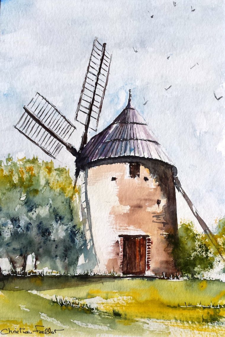 Christian Fallot Aquarelles Brignemont Moulin  Dessin intérieur Dessin De Paysage