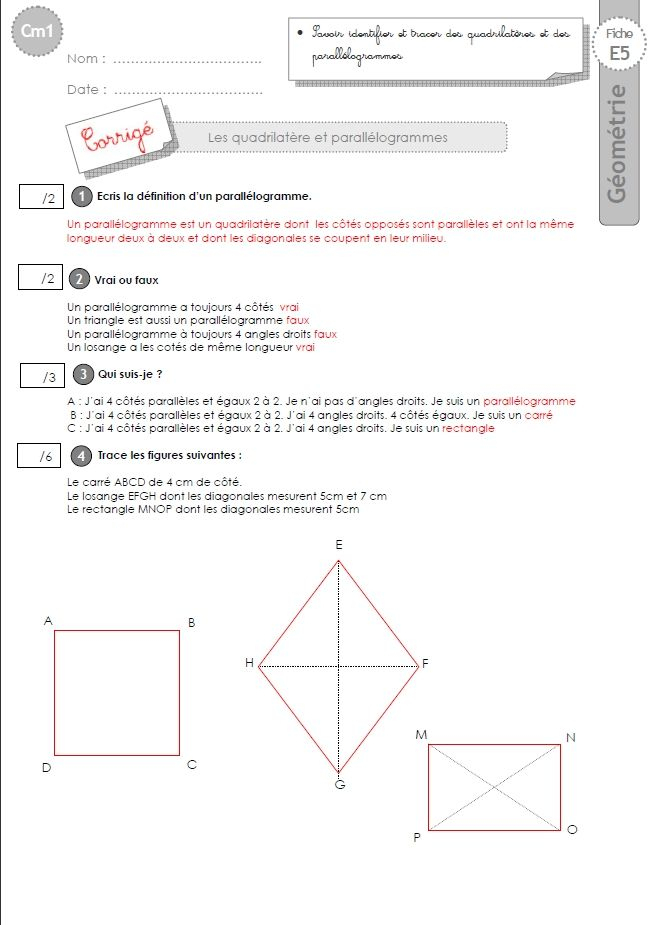 Cm1: Exercices Les Parallélogrammes Et Quadrilatères intérieur Geometrie A Imprimer