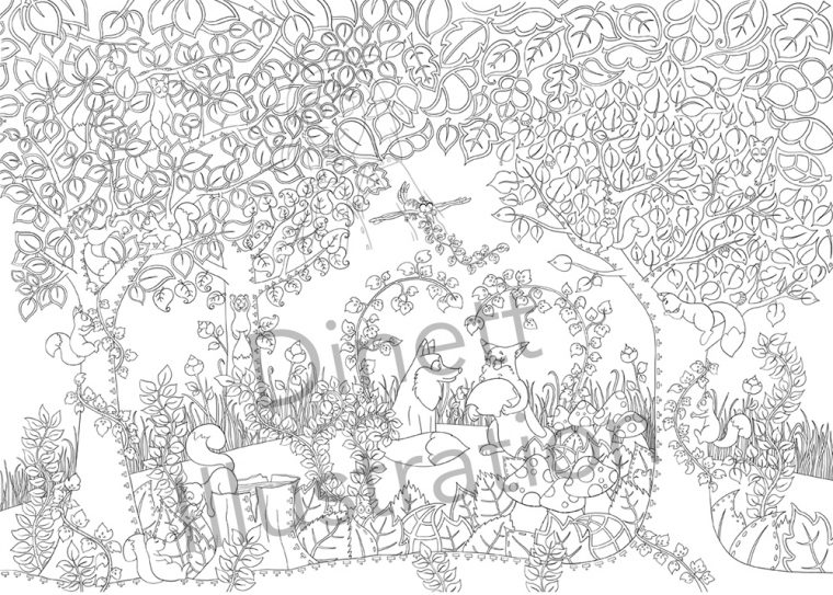 Coloriage Anti-Stress La Forêt Enchantée  Dinett Illustration concernant Coloriage Foret