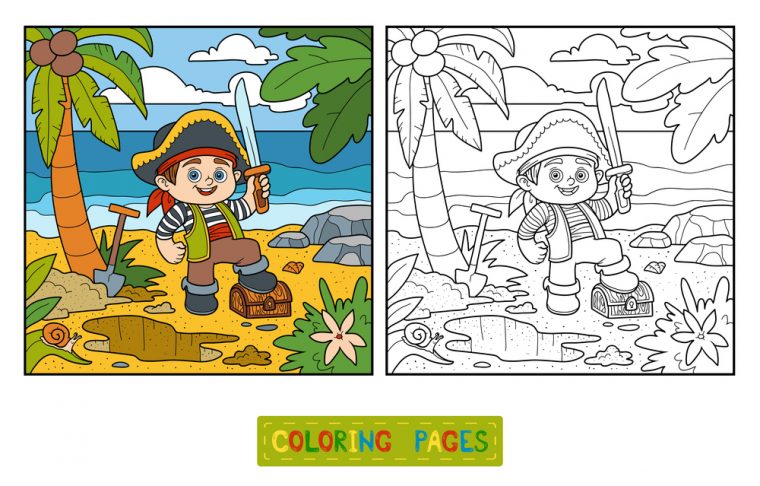 Coloriage Avec Modèle : Petit Pirate Sur L'Île Au Trésor avec Modèle Coloriage