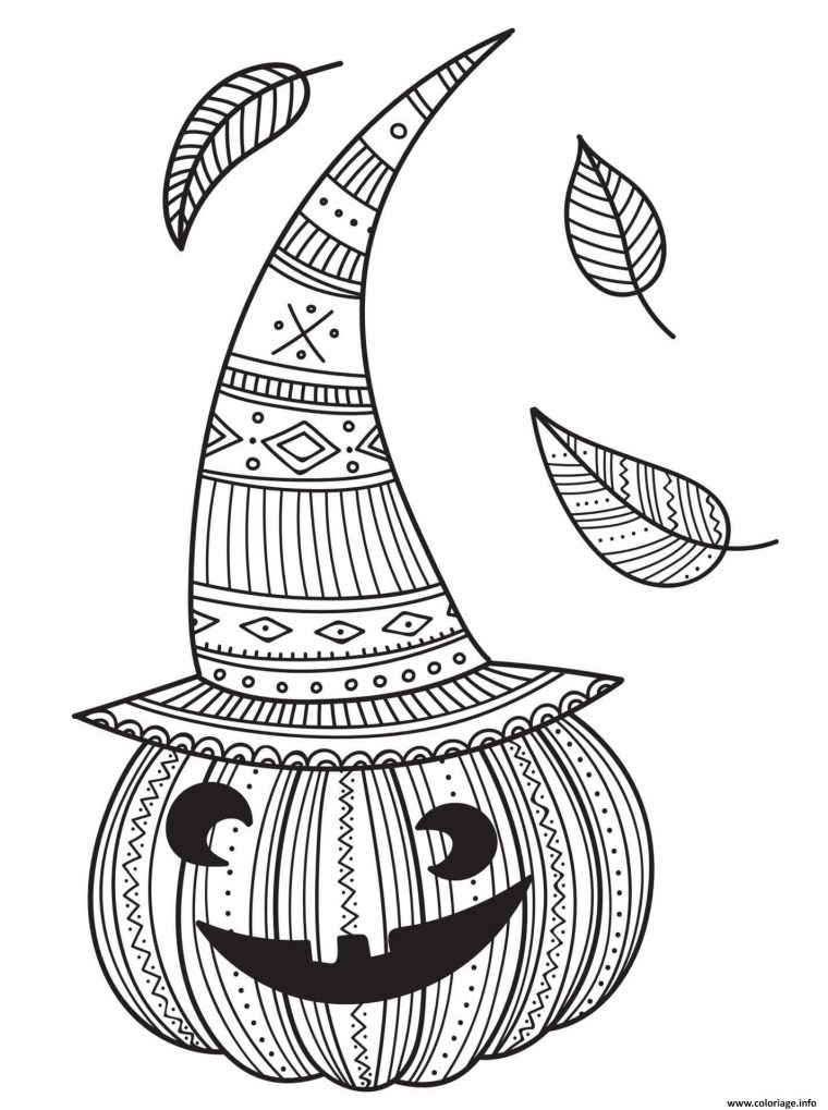 Coloriage Citrouille Avec Chapeau De Sorciere Et Feuilles intérieur Coloriage Halloween À Imprimer Gratuit