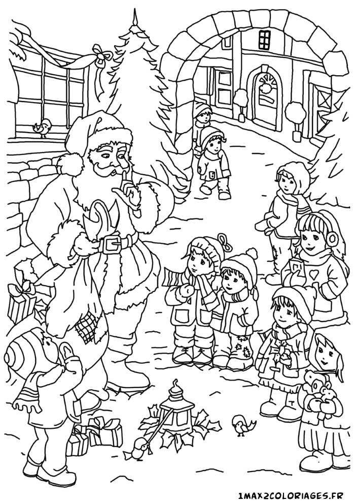 Coloriage De Noel - Le Pere Noel Distribue Des Cadeaux Aux tout Coloriage De Père Noël À Imprimer