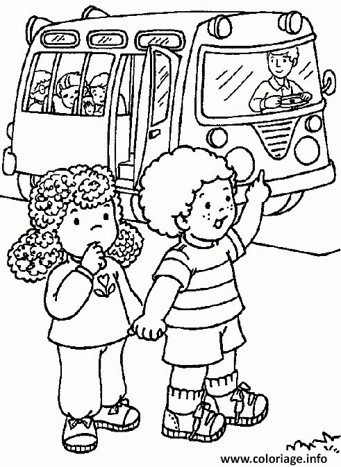 Coloriage Deux Enfants Rentrent De L Ecole En Bus Scolaire intérieur Coloriage École