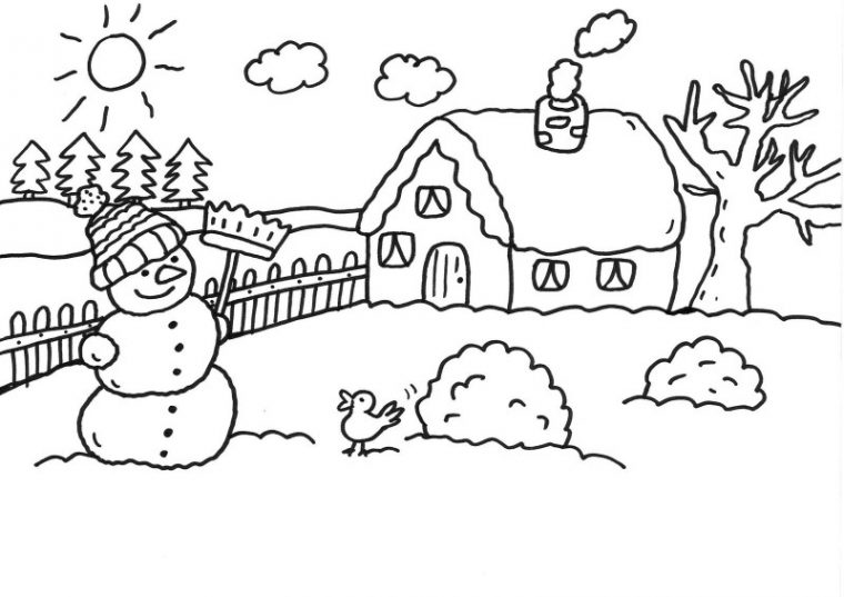 Coloriage D'Hiver : Bonhomme De Neige Devant La Maison tout Dessin Paysage D Hiver