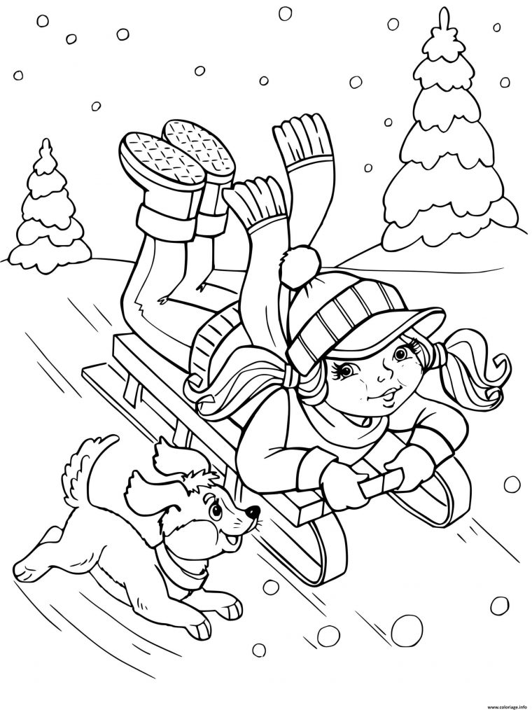 Coloriage Fille Avec Un Chiot En Traineau Dessin Hiver À à Coloriage Hiver A Imprimer Gratuit