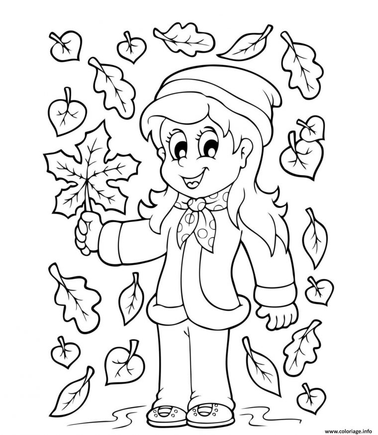 Coloriage Fille Feuilles Automne Dessin Action De Grace À intérieur Coloriage Fille