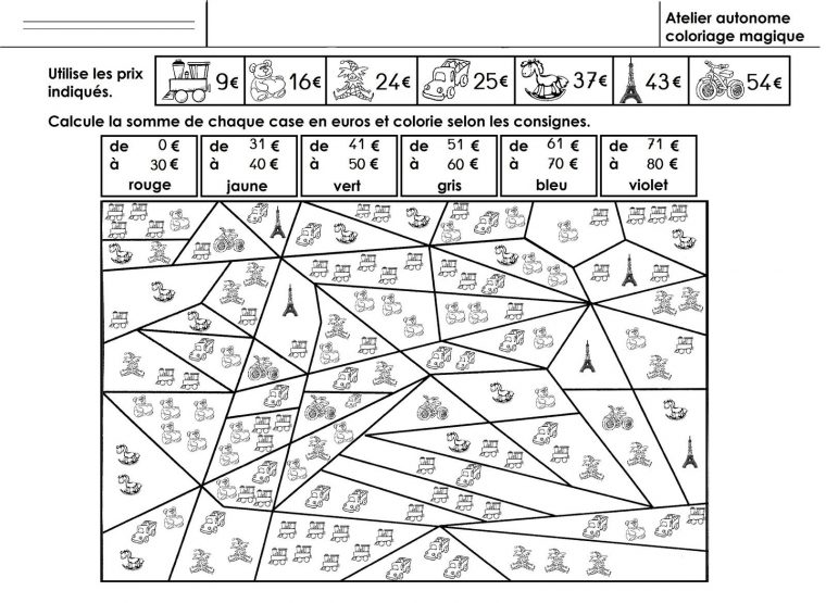 Coloriage Magique Ce1, Calculer Des Sommes En Euros pour Coloriages Ce1