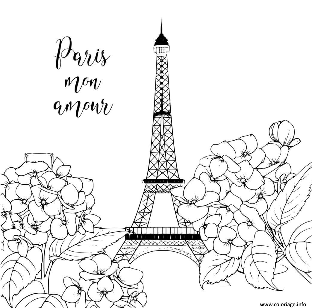 Coloriage Paris Mon Amour Fleurs Et Tour Eiffel Dessin destiné Dessins Tour Eiffel 