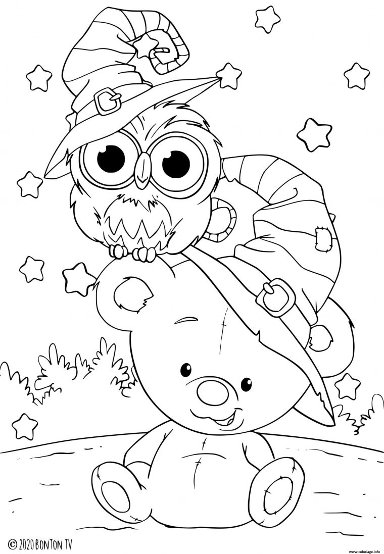 Coloriage Petit Nounours Pour Halloween Avec Un Hibou à Coloriage Mignon A Imprimer