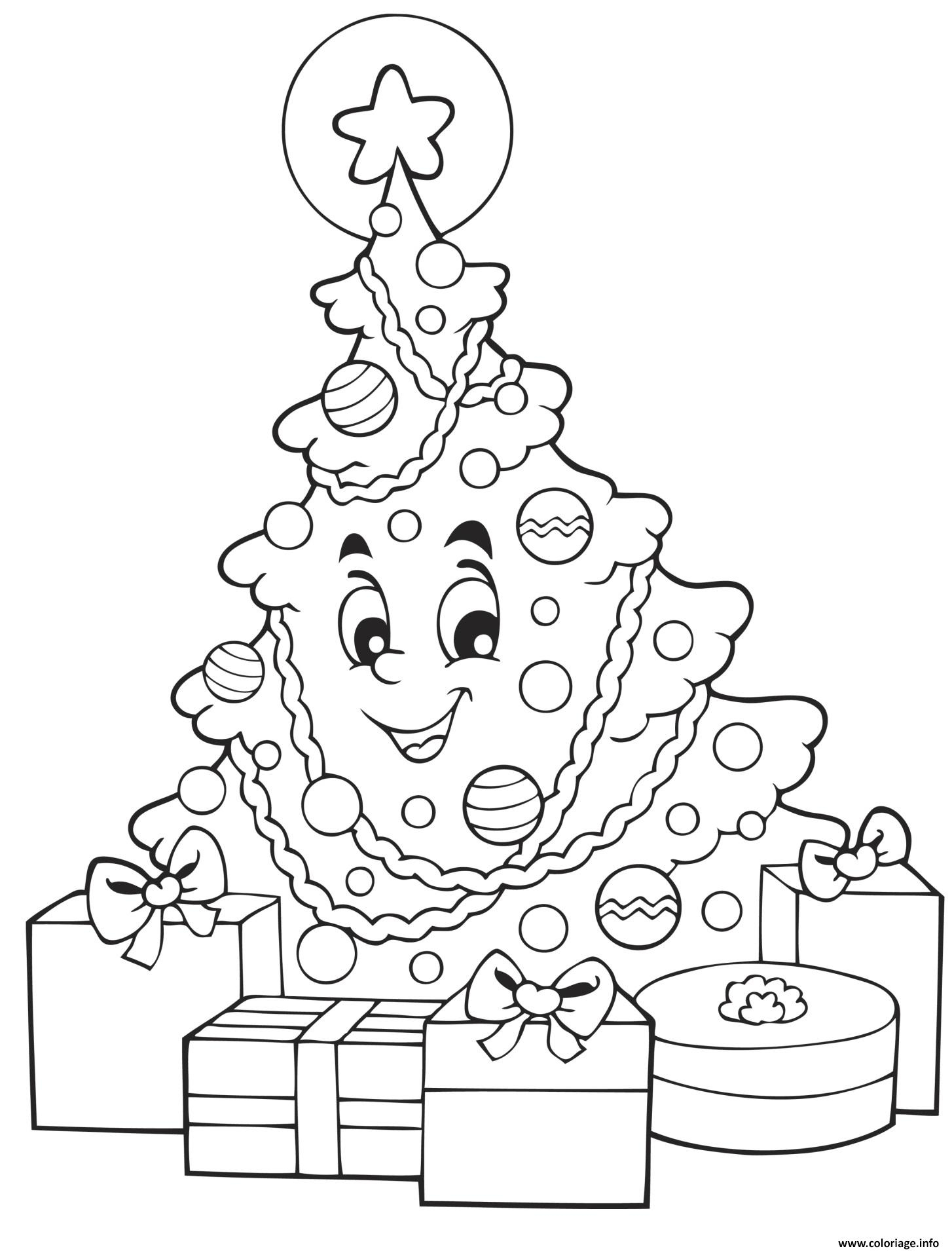 Coloriage Sapin De Noel Souriant Avec Des Cadeaux De Noel pour Sapin Noel Dessin 