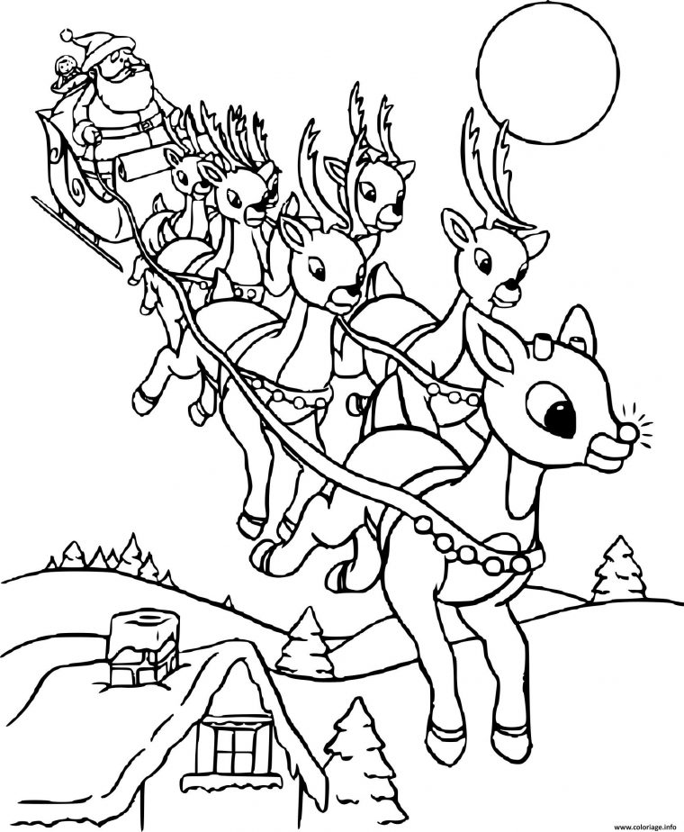 Coloriage Traineau Du Pere Noel Tire Par Huit Rennes à Coloriage De Noel