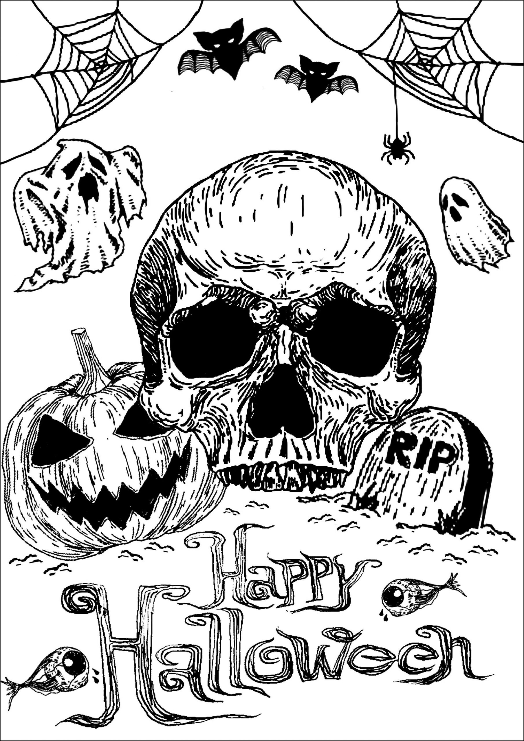 Crâne, Citrouille Et Tombe - Halloween Adult Coloring Pages intérieur Dessin A Imprimer Halloween 