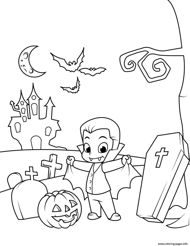 Cute Count Dracula In The Cemetery Halloween Coloring concernant Dessin Halloween