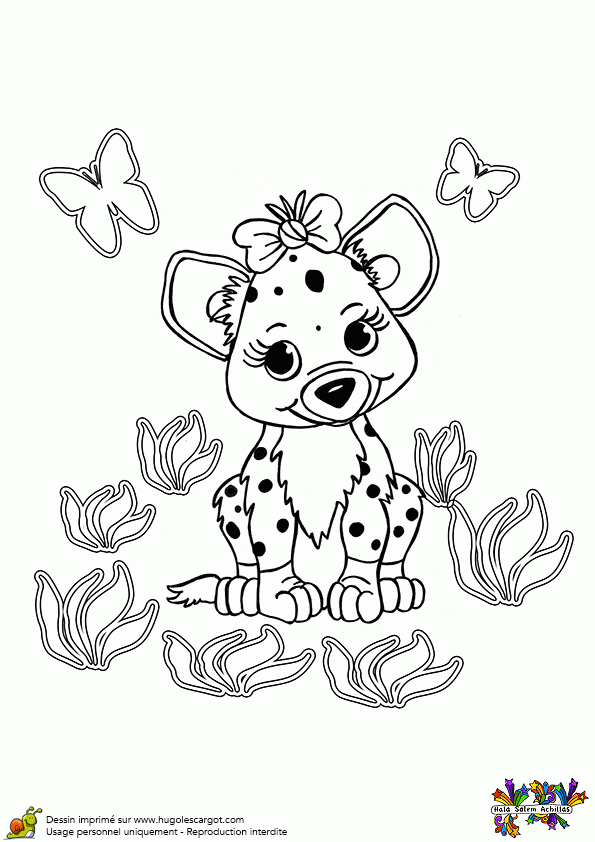Dessin À Colorier D'Un Bébé Hyène Avec Un Nœud Dans Ses à Dessin De Bébé Animaux