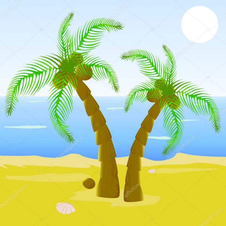 Dessin Animé Belle Plage Avec Palmier — Image Vectorielle destiné Dessin De Palmier