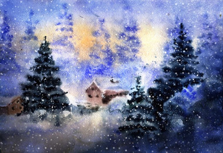 Dessin D'Aquarelle De Paysage De Pays D'Hiver Illustration destiné Dessin Paysage D Hiver