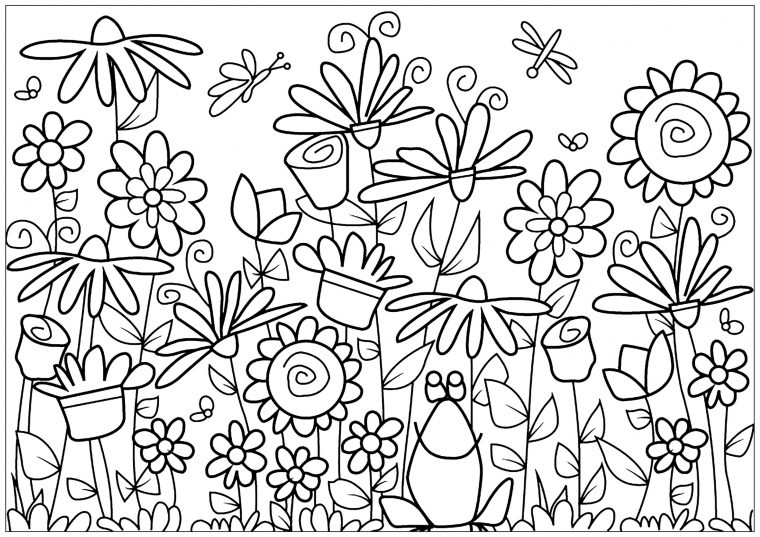 Différentes Fleurs Et Une Jolie Grenouille – Fleurs Et concernant Fleur Coloriage