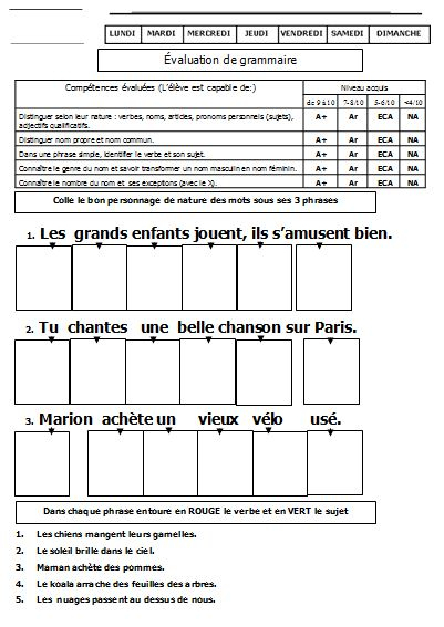 Évaluation Grammaire Ce1 - Monsieur Mathieu pour Faire De La Grammaire Ce1 Ce2 Val 10