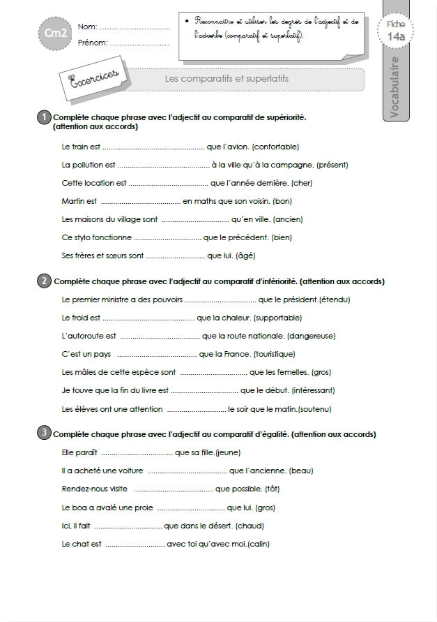 Exercices Vocabulaire Cm2:Comparatif Et Superlatif à Exercices Anglais À Imprimer 