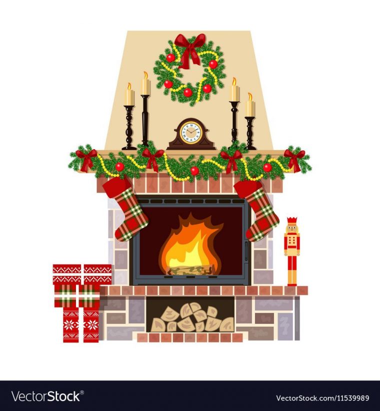 Flaming Christmas Fireplace. Xmas Decoration, Flat Vector pour Dessin Cheminée