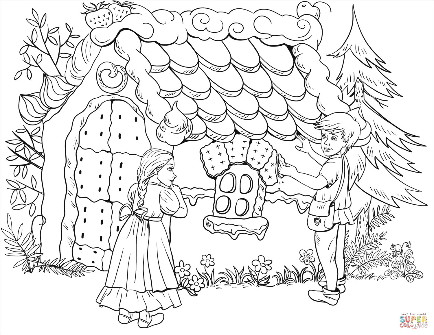 Hansel Tastes A Bit Of The Roof Of The Gingerbread House à Coloriage Hansel Et Gretel