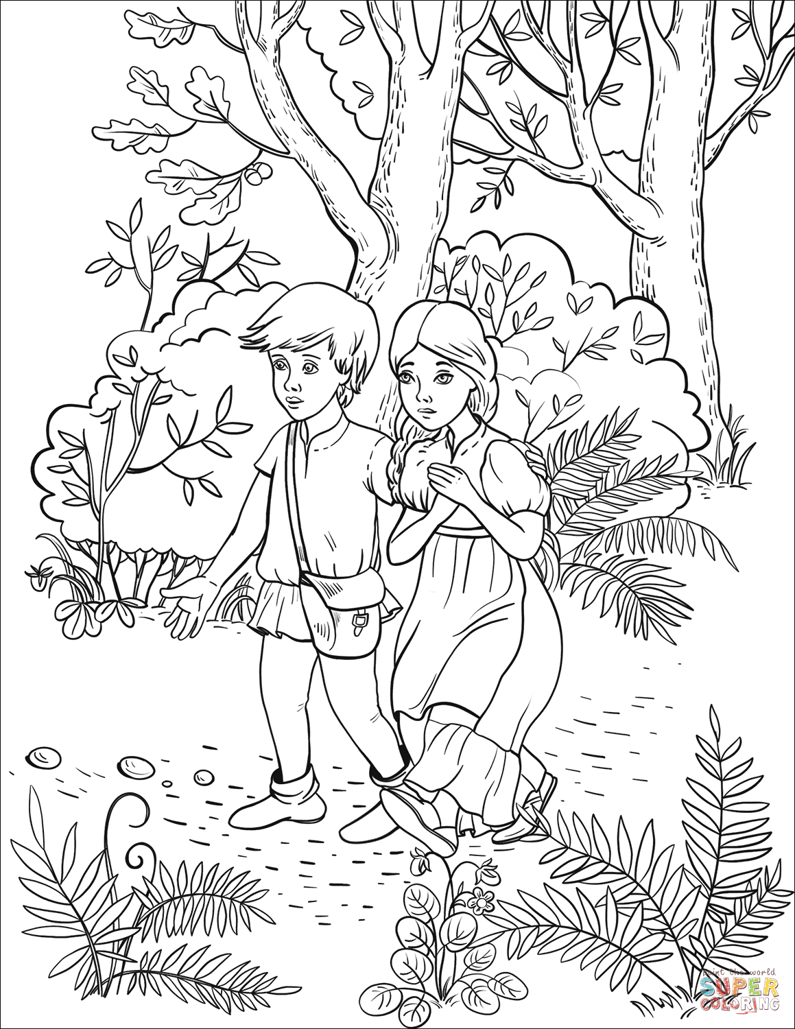 Hansel With His Sister Follow The Pebbles In The Forest avec Coloriage Hansel Et Gretel 