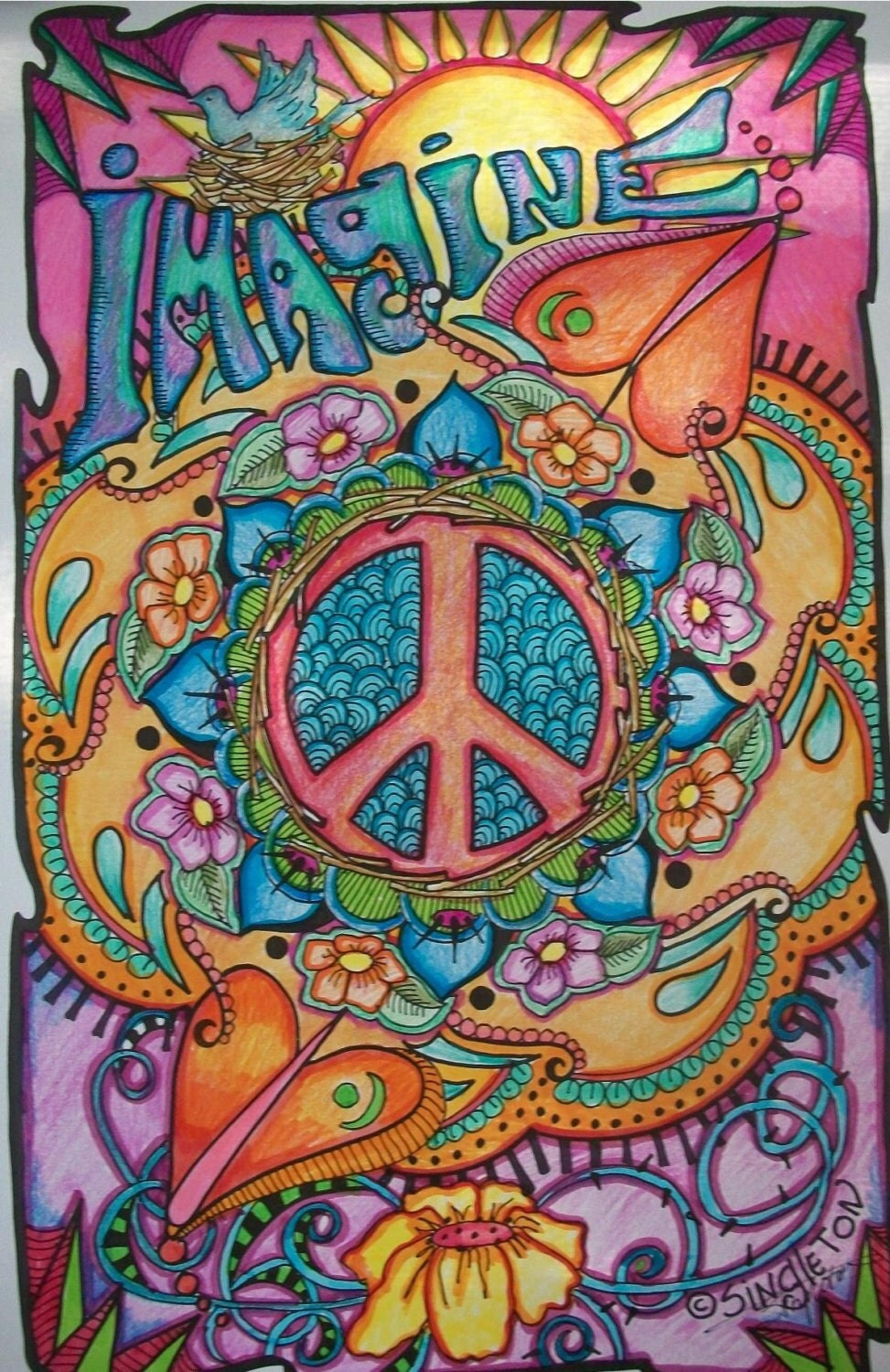 Imagine Peace And Love Singleton Hippie Art Poster Fully pour Dessin Peace And Love 
