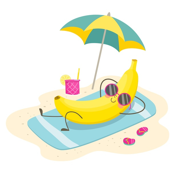 Joyeux Bains De Soleil À La Banane Sur La Plage Sous Un dedans Dessin Parasol 