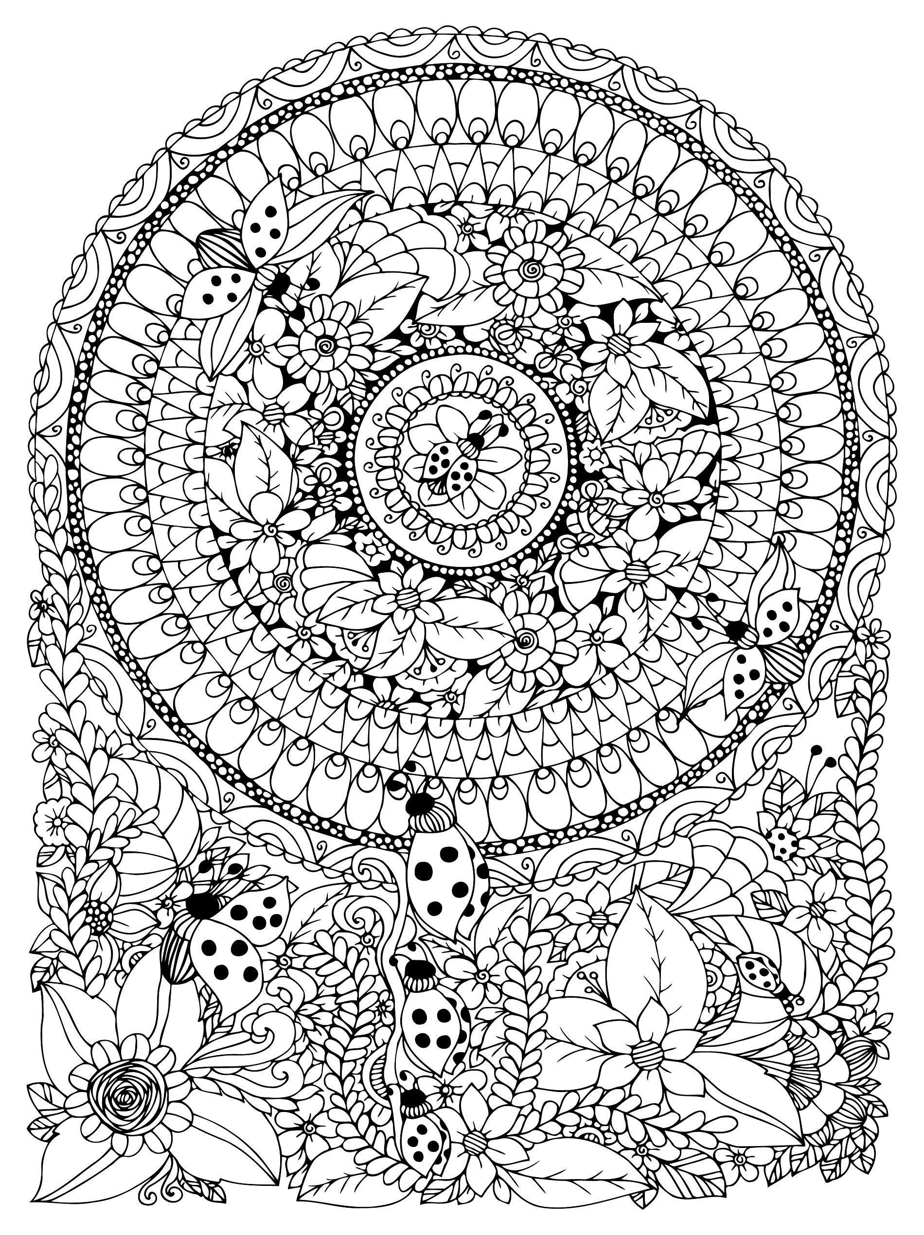 Mandala Avec Fleurs Et Coccinelles - Mandalas - Coloriages tout Coloriage Compliqué