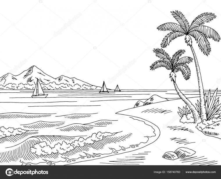 Mer Baie Graphique Noir Blanc Paysage Croquis Illustration destiné Dessin De Paysage