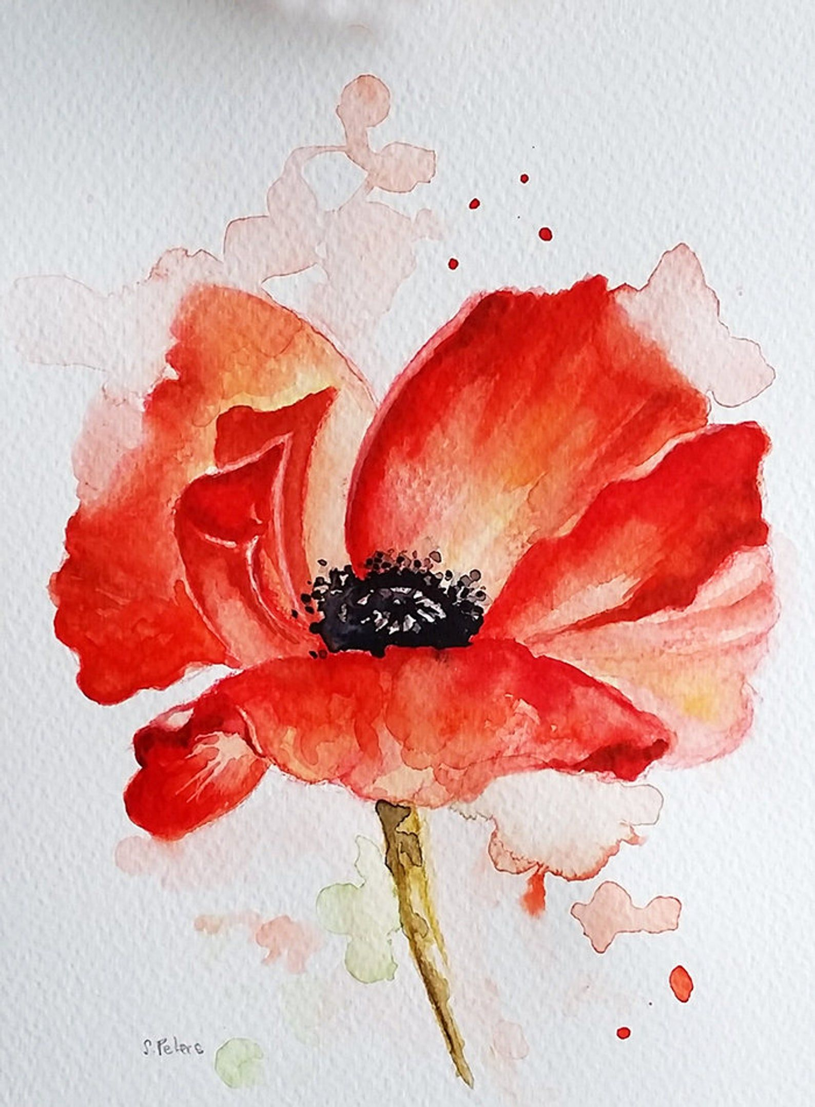 Original Watercolor Red Poppy Flower Floral Watercolor 6X8 pour Dessin Coquelicot Fleur