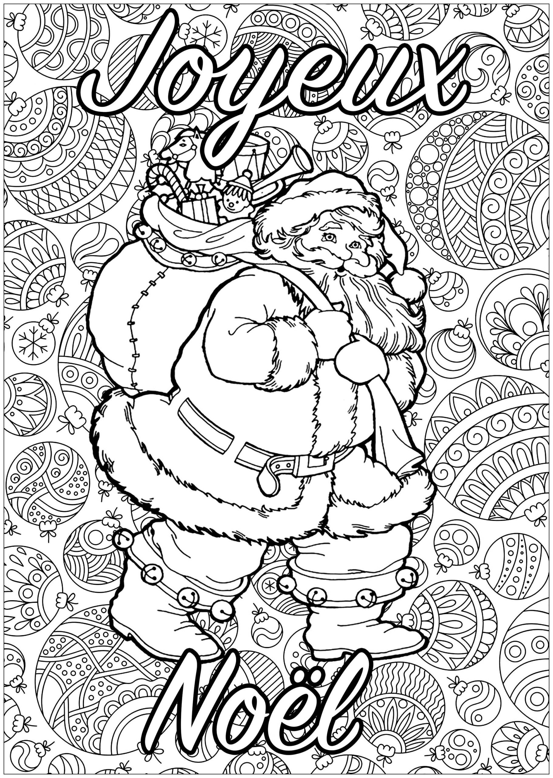 Père Noël À Colorier, Avec Fond Plein De Motifs, Et Texte à Dessins De Noel À Imprimer