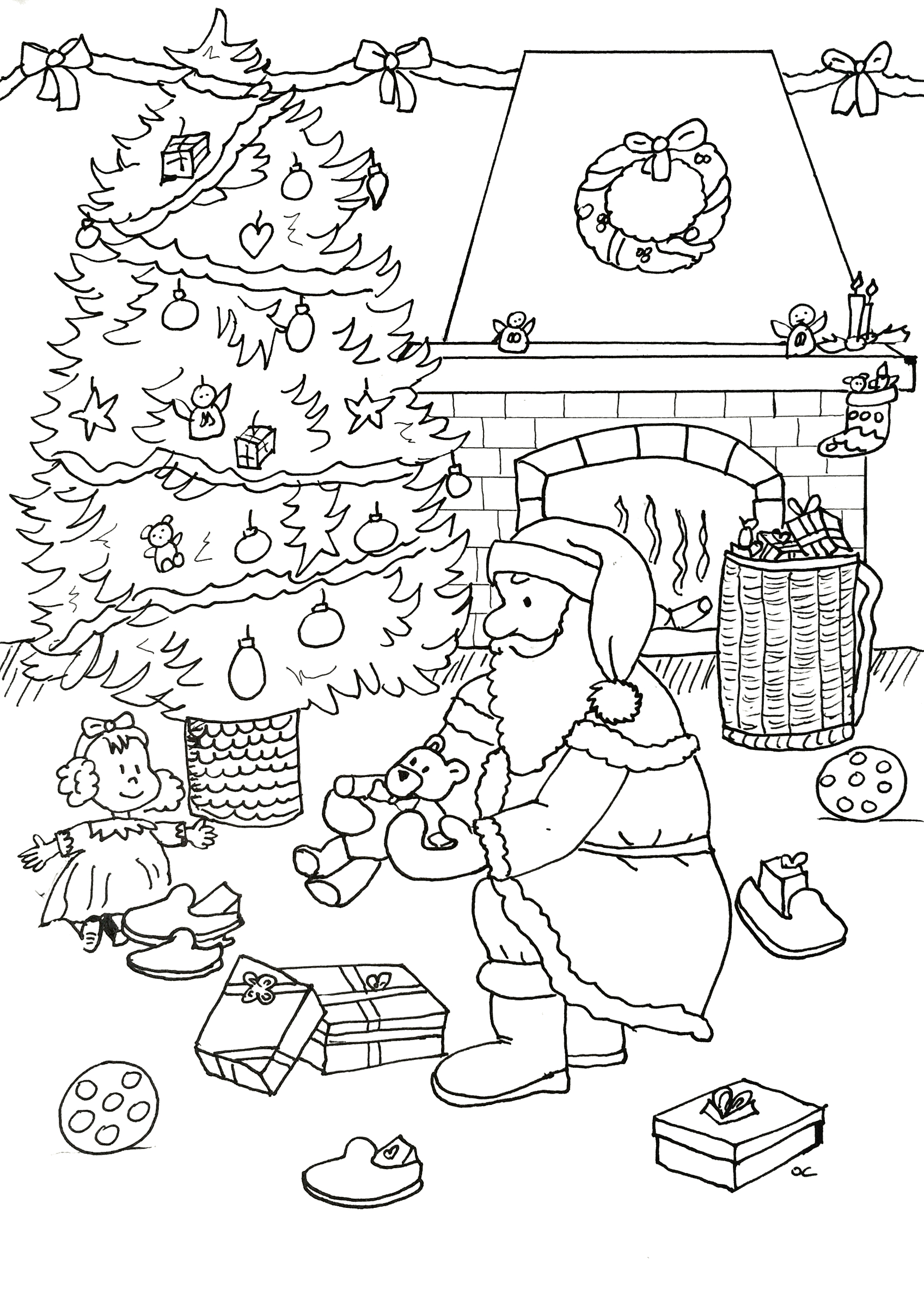 Pere Noel Pre - Le Père Noël Préparant Les Cadeaux Au Pied concernant Coloriage De Père Noël À Imprimer