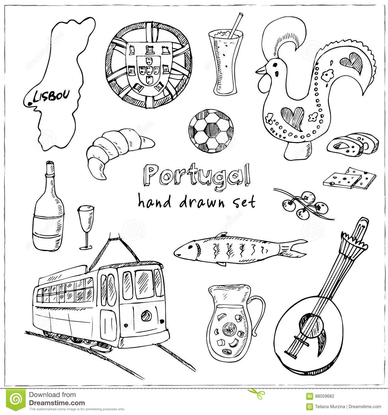 Portugal Isolated Elements And Symbols. Hand Drawn Vector pour Portugal Dessin
