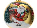 Stock Boule Verre Soufflé 150 Mm Jaune Dessin Père Noël pour Images Boules De Noel